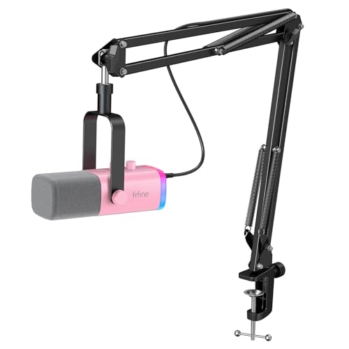 FIFINE XLR Gaming Microphone USB, PC Dynamic Microphone Kit for Vocal, Recording, Podcast, Streaming RGB Mic with Headphone Jack, Mute Button, Boom Arm Stand for Computer/Mixer-AmpliGame AM8T Pink - Pink