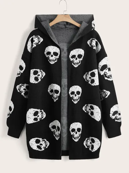 SHEIN EZwear Skull Pattern Drop Shoulder Hooded Duster Cardigan