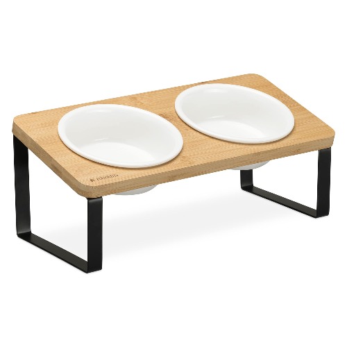 Navaris 2X Fressnapf aus Keramik mit Metall Ständer - Katzennapf Hundenapf 2 Stück im Set - Erhöhter Futternapf Katze Hund - Napf in Schwarz Natur