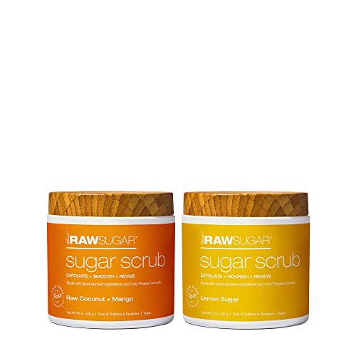 RAW SUGAR - Sugar Scrub Body Love Bundle - Raw Coconut + Mango and Lemon Sugar, Clean, Made with Plant-Derived Ingredients, Vegan and Formulated without Sulfates & Parabens (Pack of 2)