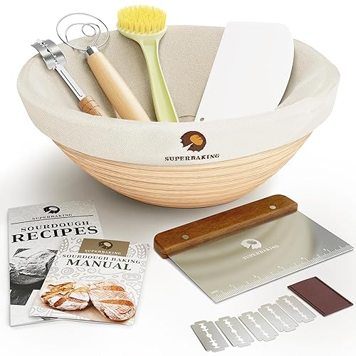 Superbaking Banneton Bread Proofing Basket, Sourdough Bread Baking Supplies, Round 9 Inch Sourdough Starter Kit, Proofing Basket for Bread Baking, Bread Making Supplies Tools, Banneton Basket Gift Set - Round