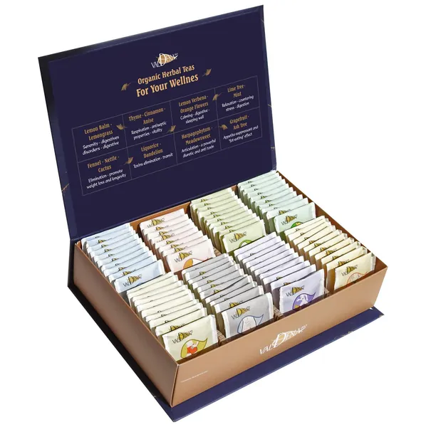 VALDENA BIO Organic Herbal Tea Variety Pack, Tea Sampler Gift Set Box (8 Tea Flavors set, 64 assorted tea bags) Caffeine free organic tea gifts for tea lovers, Herbal Tea Sampler Gifts for Women - Sampler Gift Box