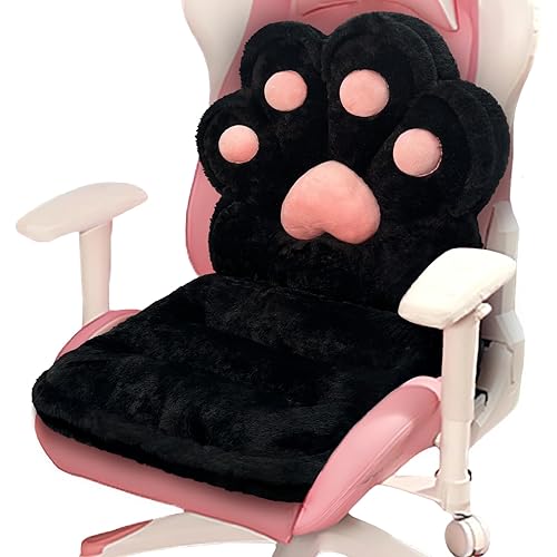 QIUODO L-Shape Cat Paw Cushion, Faux Rabbit Fur Gaming Chair Cushion Soft, Gaming Chair Pillow Kawaii Chair Cushions for Office Desk, Comfy Plush Seat Cushion for Room Decor（Black） - Black