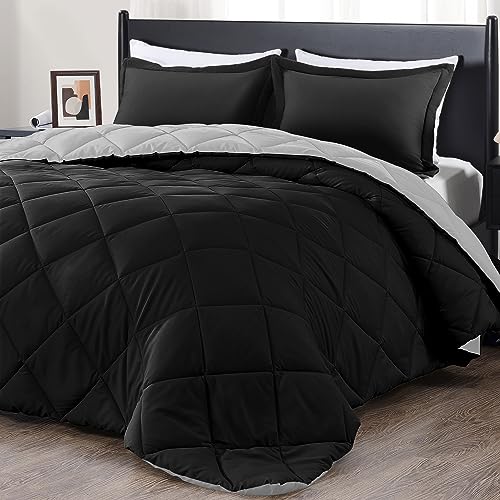 downluxe Queen Comforter Set - Black and Grey Comforter Set Queen, Soft Bedding Comforter Sets for All Seasons, Queen Bed Comforter Set - 3 Pieces - 1 Comforter (88"x92") and 2 Pillow Shams(20"x26") - Black/Grey - Queen