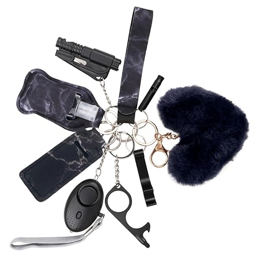 Zesirmay 10PCS Accessories Keychain Set for Women with Safety Alarm Key Chain,Whistle and Wirstlet KeyChain Set(Black) - Black