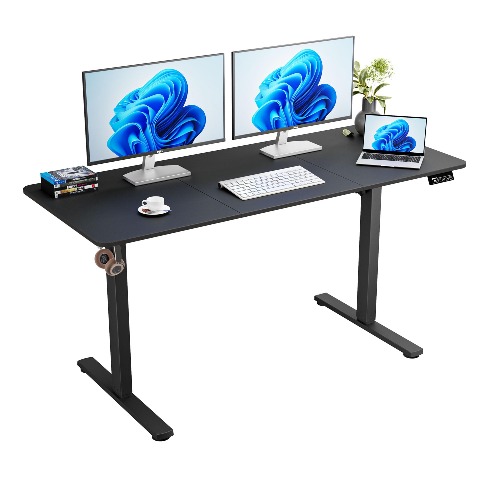 ERGOMAKER Electric Standing Desk 140x60cm (55.1"x23.6"), Height Adjustable Sit Stand Desk with Splice Board for Home Office, Computer Desk Memory Preset (Black Frame + Black Desktop) - 140*60cm - Black Frame+ Black Desktop
