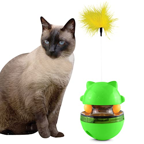 DOOLEO - 2 in 1 Cat Treat Dispenser Toy - Food Tumbler Toys with Feather | Indoor Interactive Pet Food Dispensing Feeder Puzzle Toy | Brain Stimulating Toys for Doggy, Kitten, Puppy & Cat - Green - Cat Toy with Ball and Feather