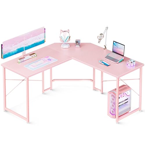 Casaottima L Shaped Gaming Desk, Corner Desk Gaming Table for Home Office, Computer Desk Sturdy Writing Workstation for Small Space, Easy to Assemble, 51 inch, Carbon Fiber Surface, Pink - Carbon Fiber Surface, Pink - 51 inch