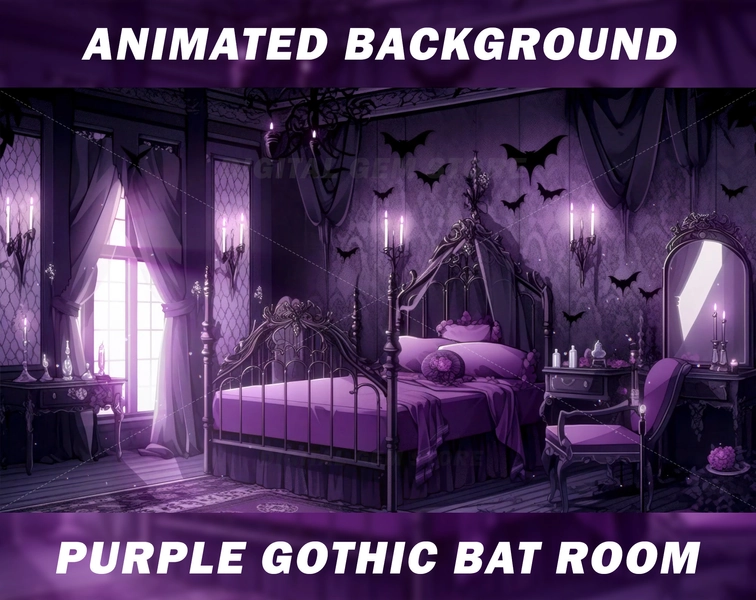 Animated Vtuber Background for Twitch,  Dark Purple Gothic room, Dark purple room, Anime, gothic, stream background, looped background