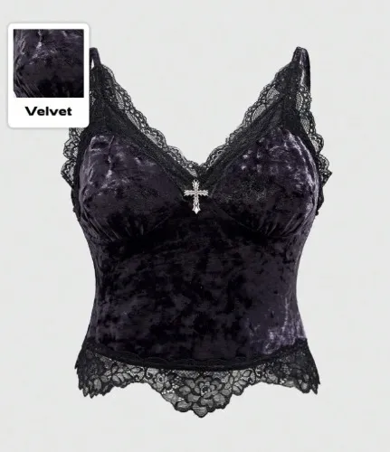 Goth Dark Gothic Cross Pendant Velvet Tank Top