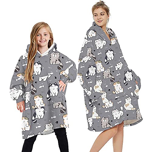 Seogva Blanket Sweatshirt Hoodie Fluffy Fleece Hoodie Blanket, Oversized Plush Hooded Top, Large for Adults Men Women and Small for Kids Boys Girls (Large, Cats - Grey) - Cats - Grey - L