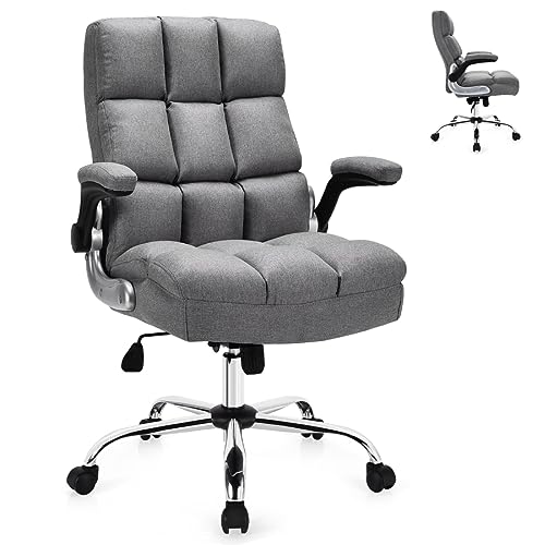 SFAREST Executive Office Chair, Height Adjustable Padded Task Chair with Flip-Up Armrests & Tilting Backrest, 360° Rotating Computer Chair for Home Office, Study (Grey) - Gray