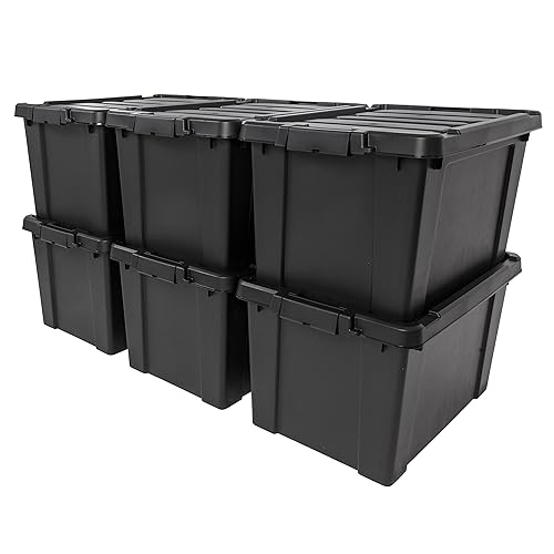IRIS USA 75.7 L (20 Gallon) Lockable Storage Totes with Lids, 6 Pack, Heavy-Duty Stackable Containers, Garage Organizing Bins Moving Tubs, Rugged Sturdy Equipment Utility Box - Black - 75.7 L - 6 Pack - Black