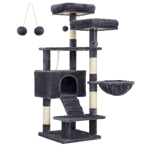 FEANDREA Cat Tree, Cat Tower for Indoor Cats, 55.9-Inch Cat Condo with Scratching Posts, 2 Plush Perches, Basket, Large Cat Cave, Ramp, Cat Activity Center, Smoky Gray UPCT160G01 - Smoky Gray