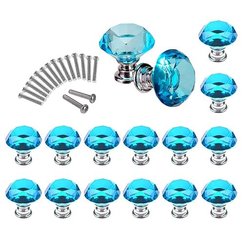 16 Pcs Drawer Knobs, 30mm Crystal Glass Cabinet Knobs Dresser Knobs Diamond Shape Drawer Kitchen Cabinets Dresser Cupboard Wardrobe Pulls Handles Glass Cabinet Knobs (Light-Blue) - Light-blue 16pcs