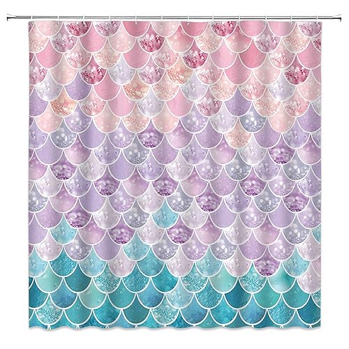 Mermaid Scales Shower Curtain Colorful Beautiful Fish Scales Glare Ocean Sea Aqua Teal Princess Fairy Tale Mermaid Tail Geometric Decor Fabric Bathroom Decor Sets with 12 Hooks 70X70Inchs - Pink Blue - 70W x 70L inch (1 Panels)