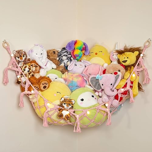 Stuffed Animal Storage Macrame Hammock w/String Lights, Large - Boho Room Decor Toy Storage - Corner Hanging Plushie Stuffed Animal Net Organizer (Light Pink) - 50" x 28" - Light Pink