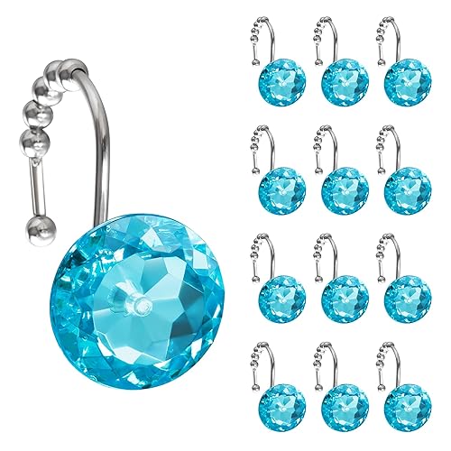 Sunlit Luxury Design Round Aqua Blue Diamond Crystal Gem Bling with Glide Balls Shower Curtain Hooks, Rust Proof Metal Rhinestones Glam Shower Curtain Rings-12 Pack - Aqua Blue