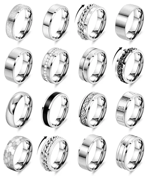 REVOLIA 16PCS Silver Rings for Men Stianless Steel Band Rings for Men Women Simple Engagement Wedding Promise Rings Set - 10