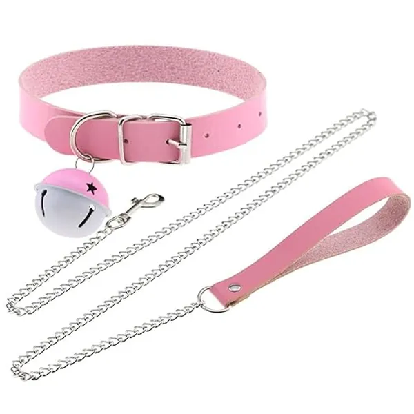 FM FM42 Multicolor PU Simulated Leather Bell Collar Choker Necklace with Detachable Chain Leash - Pink