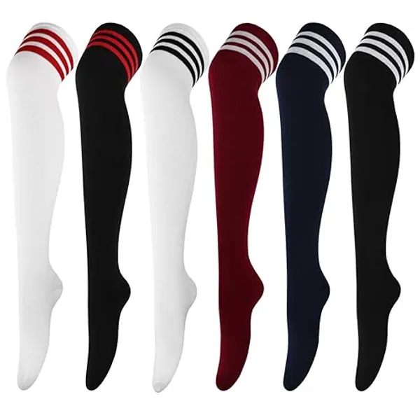 DRESHOW 6 Pairs High Thigh Socks Striped Over Knee Thin Tights Long Stocking for Women Leg Warmer - High Thigh - 6 Pairs: White, Black, Navy, Wine Red