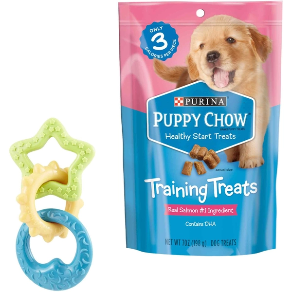 Nylabone Puppy Power Chew Teething Toy Rings Dogs Bacon Yellow & Puppy Chow Healthy Start Salmon Flavor Training Dog Treats