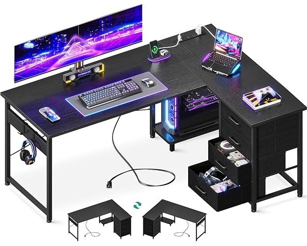 Casaottima L Shaped Desk with 4 Tier Drawers, 53" Gaming Desk with Power Outlets & USB, Reversible L-Shaped Computer Desk with CPU Stand, Home Office Corner Desk with Storage, Easy Assemble, Black - 53 Inch - Black