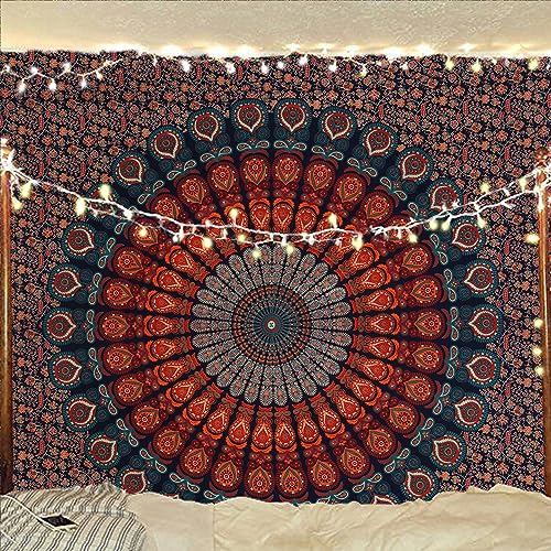 Bless International Handmade Indian hippie Bohemian Psychedelic Peacock Mandala Wall hanging College Dorm Beach Throws Table Cloth Bedding Tapestry (Golden Blue, Queen(84x90Inches)(215x230Cms)) - Queen (84x90Inches)(215x230Cms) - Golden Blue