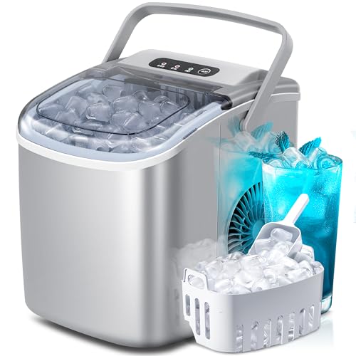 Portable Countertop Ice Maker Machine with Handle, 9 Bullet-Shaped Ice Cubes Ready in 6 Mins, 26Lbs/24H, Self-Cleaning Function with Ice Scoop and Basket for Home/Kitchen/Party (Grey) - 26 Lbs/24 H - Grey - 1
