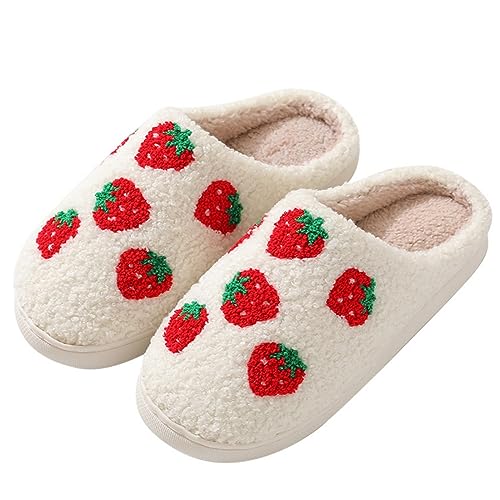 Women Slippers Cute Pattern Big Heart Mushroom Warm Soft Bedroom Shoes Fuzzy Closed Toe Sandals Non Slip House Bedroom Slippers Strawberry
