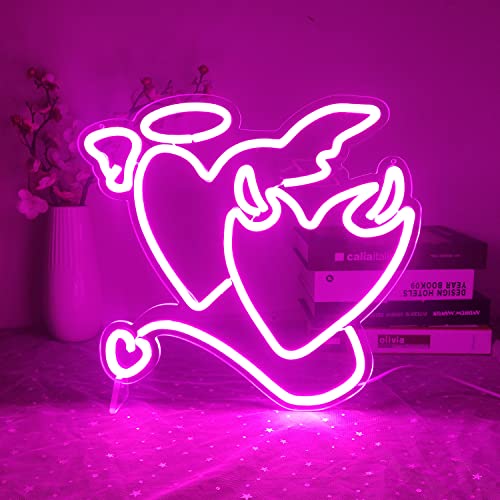Pink Neon Sign Angel Demon Neon Signs Heart Neon Signs for Bedroom 14''x13’’  - D-Angel Demon