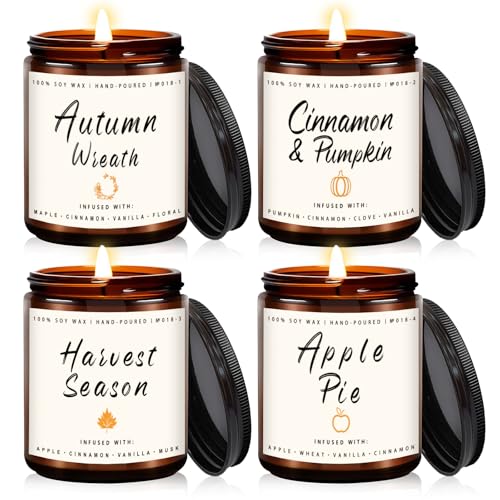Fall Candle Set | 4pack Fall Scented Candles for Home - Soy Candles for Home Scented, Autumn Candle Set, Fall Candle Gifts - Fall Scents of Pumpkin/Apple Pie/Harvest/Autumn Wreath - 4Pack -Pumpkin/Apple Pie/Harvest/Wreath - Fall