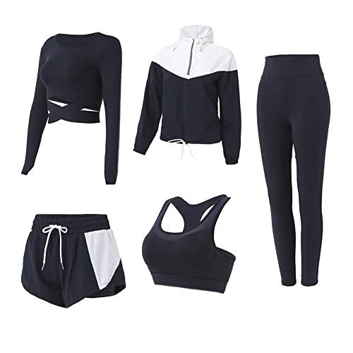 5 PCS Workout Sets for Women Athletic Exercise Gym Clothes Yoga Running Outfit Activewear Sets Tracksuit - Medium - Black