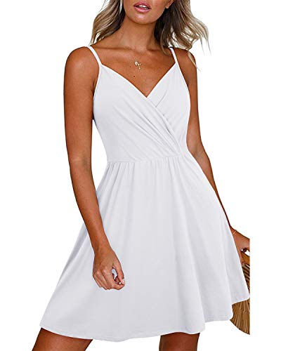 Newshows Women's Summer Dress Floral Spaghetti Strap Sleeveless V-Neck Casual Swing Sundress with Pockets - Medium - White
