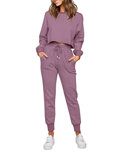 ZESICA Women's Long Sleeve Crop Top and Pants Pajama Sets 2 Piece Jogger Long Sleepwear Loungewear Pjs Sets - Medium - Purple