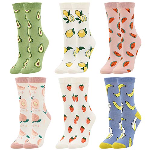 BONANGEL Women's Girls Novelty Funny Crew Socks,Crazy Cute Animal Food Design Socks Cotton,Girl's Gift - 6pairs-peach