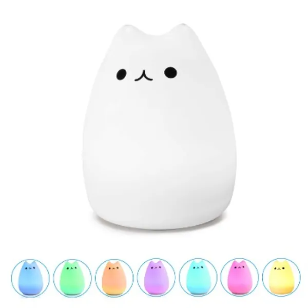 WoneNice Portable Cute Kitty Silicone LED Night Lamp,USB Rechargeable Children Night Light with Warm White  7-Color Breathing Modes, Touch Sensor Control, for Baby, Kids, Adults