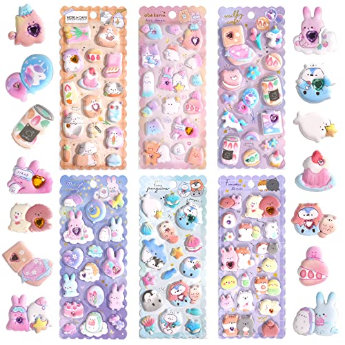 Thick Puffy Stickers for Kids Girls Cute Kawaii Japanese Soft Stickers for Teens Large 3D Squishes Stickers Playset with Gem Embellishment Reusable Puff Stickers for Stationary Phone Case Gifts,6 Sheets. - Cute Kawaii