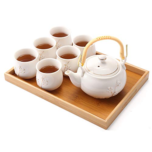 Dujust JapaneseWhite Porcelain Tea Set with 1 Teapot Set, 6 Tea Cups, 1 Tea Tray, 1 Stainless Infuser, Cute Asian Tea Set for Tea Lover/Women/Men (Plum in Golden) - White