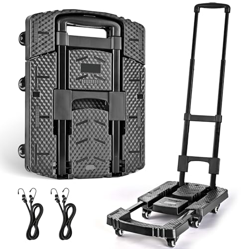 Caxlis Upgrade Folding Hand Truck, 600lbs Heavy Duty Dolly Cart, Professional Utility Dolly Platform Cart with 6 Wheels and 2 Elastic Ropes for Luggage, Travel, Moving, Shopping, Office Use, Black