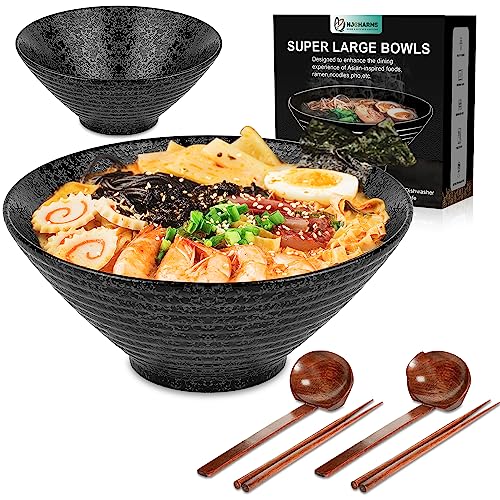 NJCHARMS Ceramic Ramen Bowl Set of 2, 60 oz Japanese Noodle Soup Bowls with Spoons and Chopsticks for Ramen Soup Pho Udon Asian Noodles, Large Noodle Bowls - Black - 60 Ounce