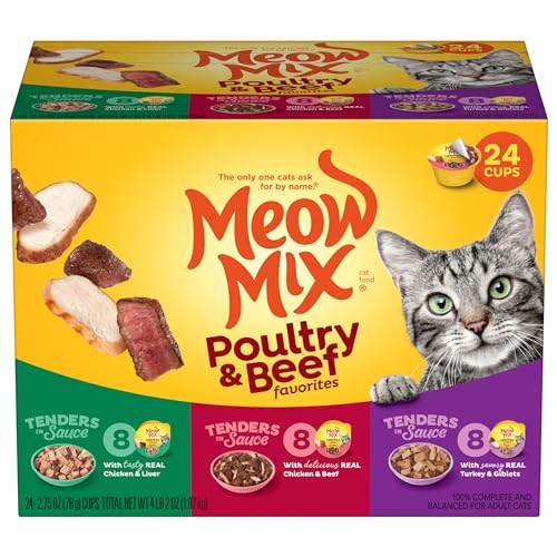 Meow Mix Tenders in Sauce Wet Cat Food, Poultry & Beef Variety Pack, 2.75 Ounce Cup (Pack of 24) - Variety Pack: Poultry & Beef - 2.75 Ounce (Pack of 24)