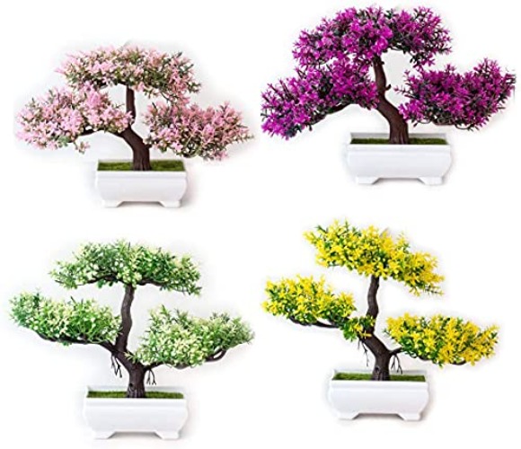 Artificial Bonsai Tree,4 Pieces Fake Plant in Pot Artificial Flowers Simulation Decorative Bonsai Potted Plant for Home Balcony Office Desk Table Decor - Pink+white+yellow+rose Red