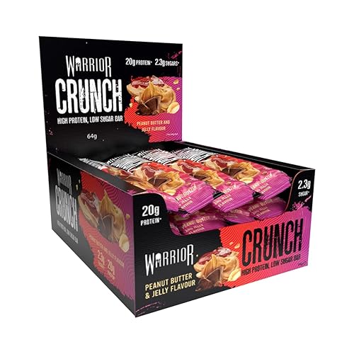 Warrior Crunch - High Protein Bars - 20g Protein Each Bar - Low Carb, Low Sugar Snack - 12 Pack x 64g (Peanut Butter Jelly) - Peanut Butter Jelly - 12 Count (Pack of 1)