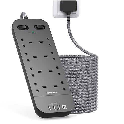 Black Extension Lead 5M, 8 Way Outlets Power Strip with 1800J Surge Protection, Double Switch Plug Extension with 15FT Braided Extension Cable for Home, Dorm Room, Office Accessories - Black - 5M