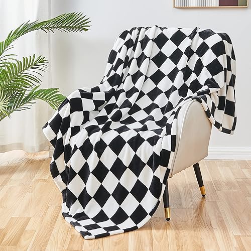 SOCHOW Checkered Flannel Throw Blanket, Soft Cozy Checkerboard Grid Pattern Fleece Blanket for Couch Bed Sofa, Black 150cm x 200cm - 150cm×200cm - Black