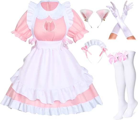 Anime French Cat Maid Apron Fancy Dress Cosplay Costume Headwear Gloves Socks Set