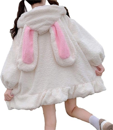 Bunny Ear Hoodies For Women Kawaii Anime Sweet Lovely Fuzzy Fluffy Rabbit Sweater Tops Cosplay Jacket Coats