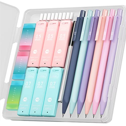 Four Candies Cute Mechanical Pencil Set, 6PCS Pastel Mechanical Pencils 0.5mm & 0.7mm with 360PCS HB Pencil Leads, 3PCS Erasers and 9PCS Eraser Refills, Aesthetic Mechanical Pencils for Girls Writing