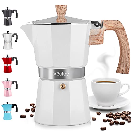 Zulay Classic Stovetop Espresso Maker for Great Flavored Strong Espresso, Classic Italian Style 5.5 Espresso Cup Moka Pot, Makes Delicious Coffee, Easy to Operate & Quick Cleanup Pot (White) - 5-Cup - White